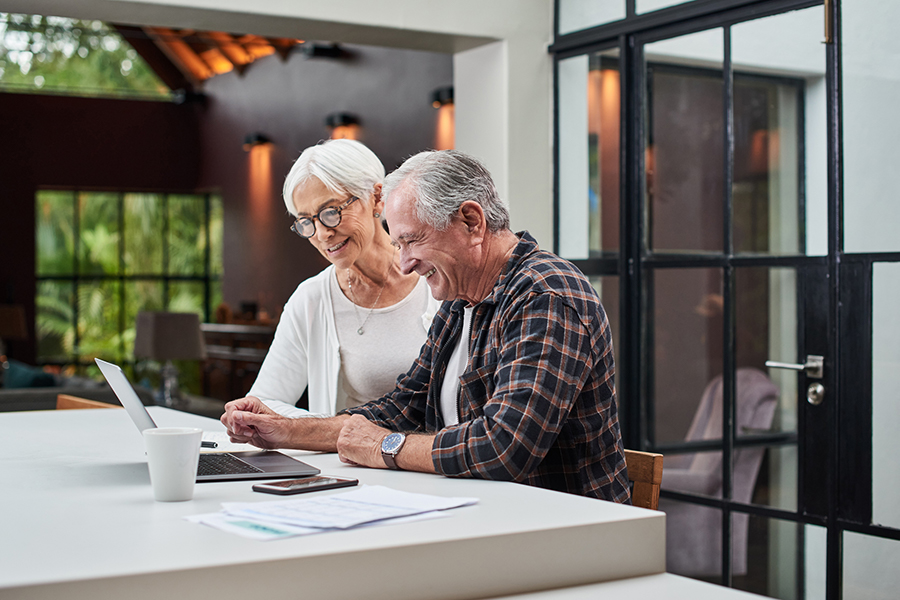 Older couple looking at the computer.